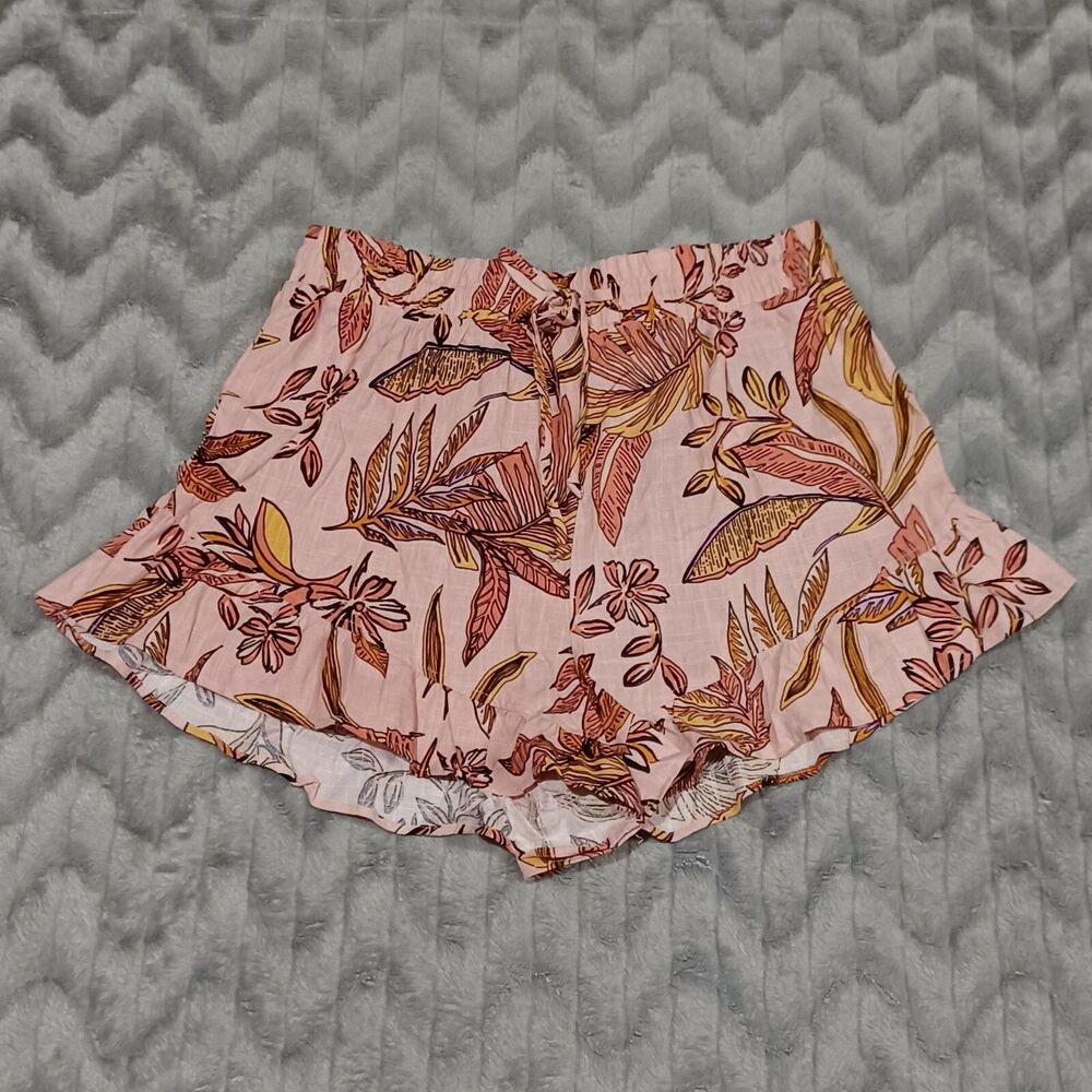 Wild Fable Womens Size L Pink Tropical Print Linen Blend Ruffle Hem Shorts